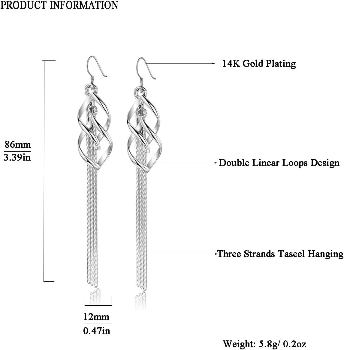 14K Gold Plated Sterling Silver Dangle Earring Long Linear Drop Earrings for Women
