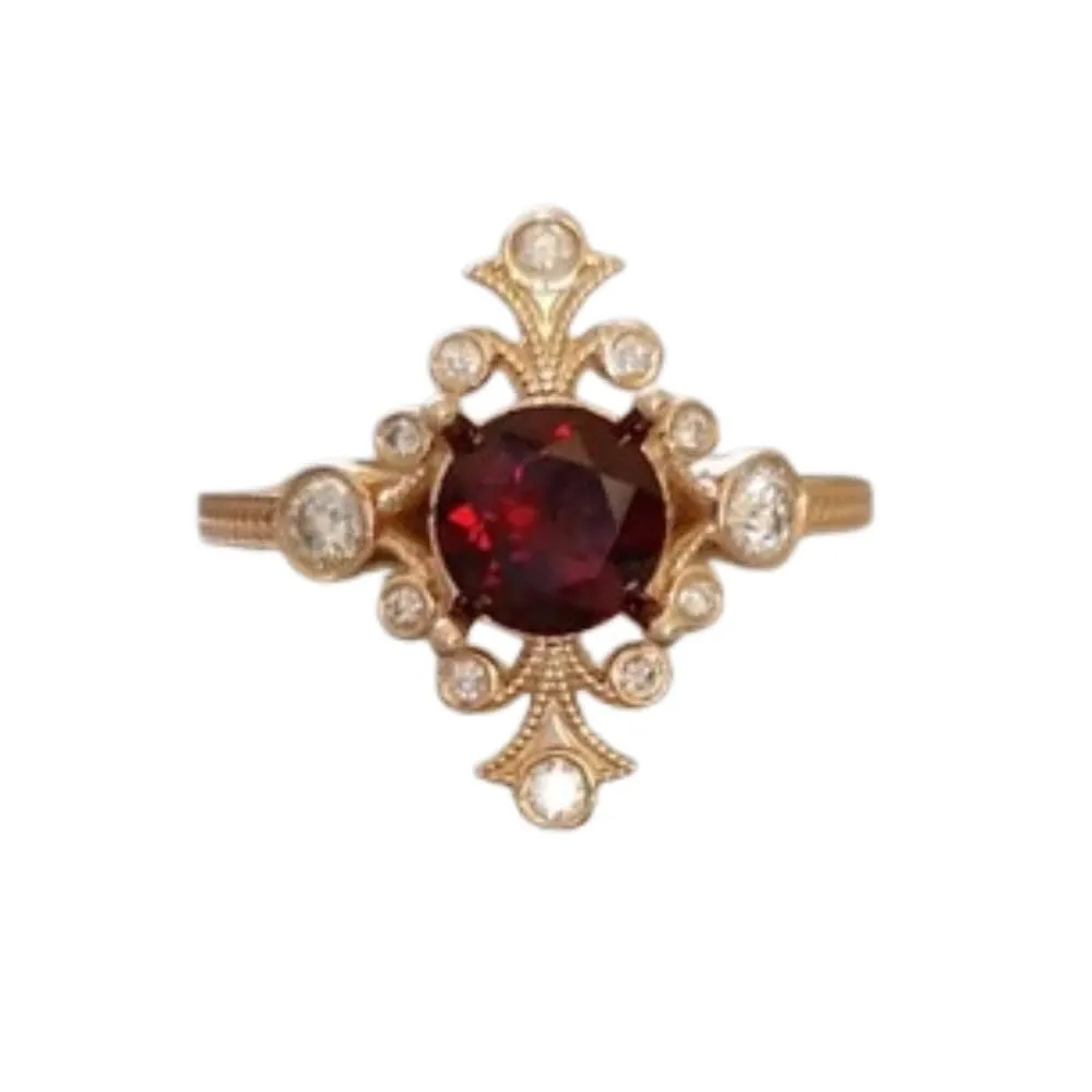 2 Ct Round Ruby Diamond Art Deco Vintage Style Victorian Accent Cocktail Engagement Rings 14K Yellow Gold Plated Art Nouveau Victorian Ring 925 Sterling Silver Handmade Edwardian Jewelry