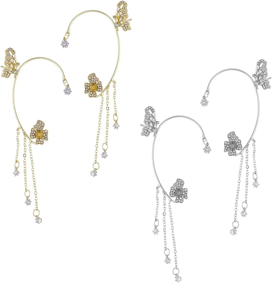 2 Pairs Crystal Rhinestone Butterfly Cuff Earrings Tassel Chain Earrings Long Tassel Earrings Ear Clip Jewelry Gift for Women Party Festival Prom Accessories