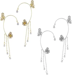 2 Pairs Crystal Rhinestone Butterfly Cuff Earrings Tassel Chain Earrings Long Tassel Earrings Ear Clip Jewelry Gift for Women Party Festival Prom Accessories
