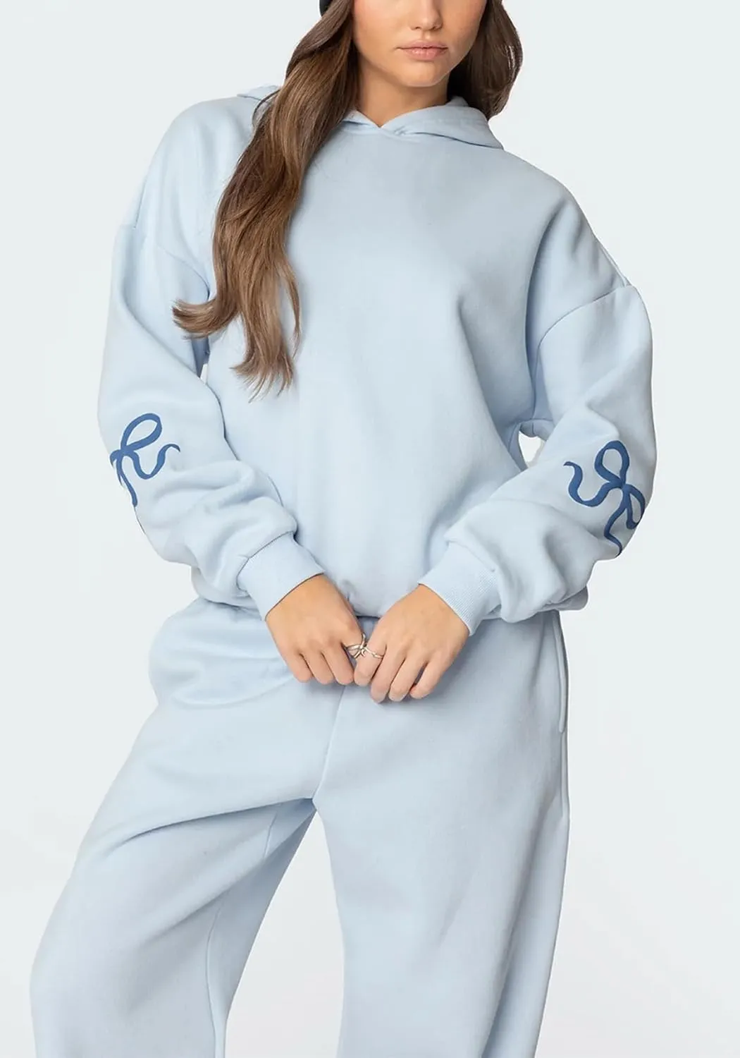 2 Piece Lounge Sets for Women Fall Sweatsuits Bow Print Long Sleeve Crew Neck Wide Leg Sweatpants Matching Tracksuit