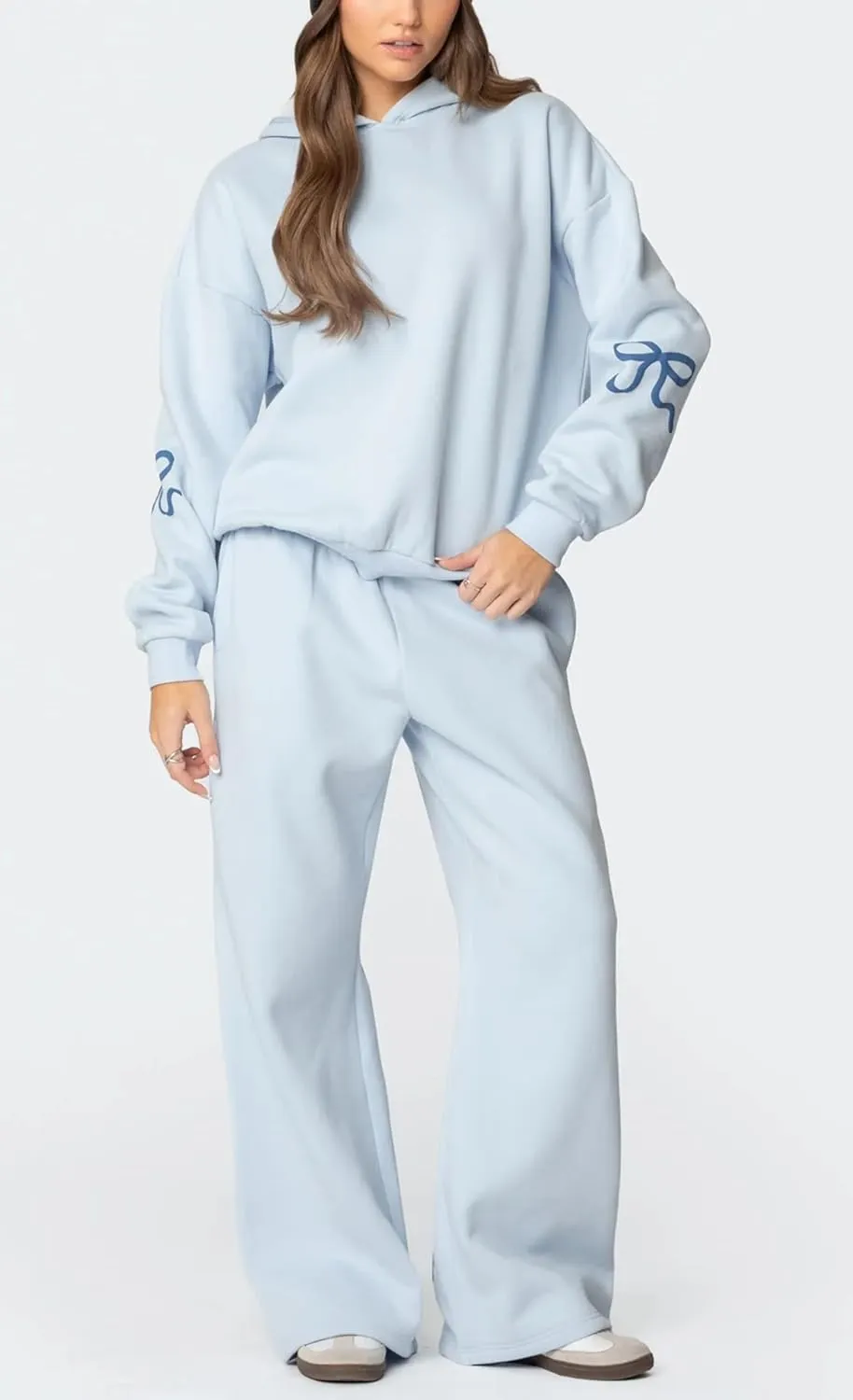 2 Piece Lounge Sets for Women Fall Sweatsuits Bow Print Long Sleeve Crew Neck Wide Leg Sweatpants Matching Tracksuit