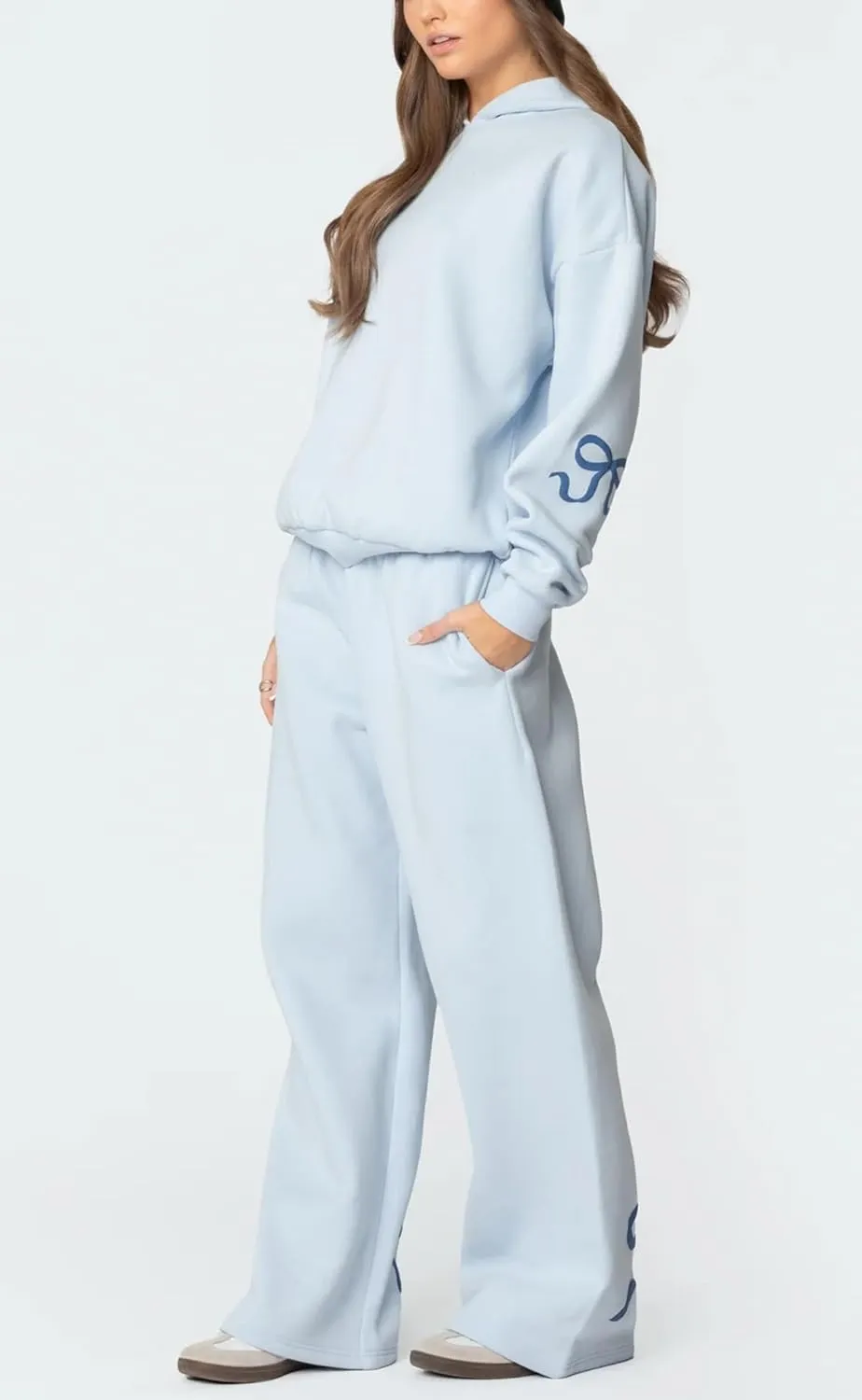 2 Piece Lounge Sets for Women Fall Sweatsuits Bow Print Long Sleeve Crew Neck Wide Leg Sweatpants Matching Tracksuit