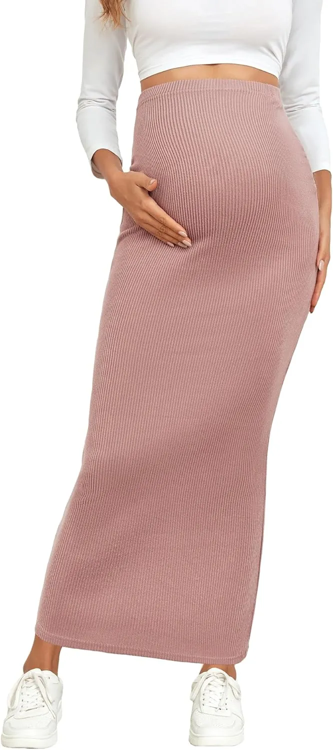 2024 Maternity Adjustable Waist Rib Knit Maxi Skirt Over The Belly Stretchy Pregnancy Long Pencil Skirts