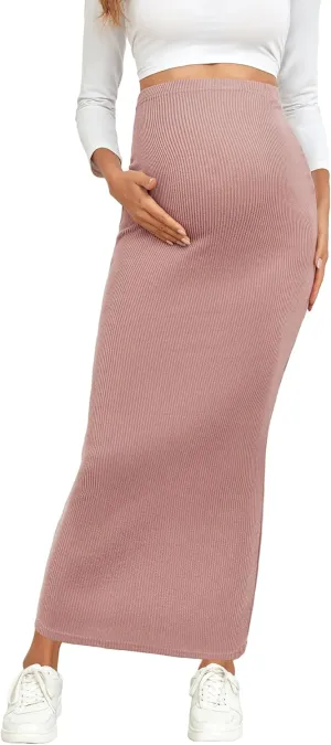 2024 Maternity Adjustable Waist Rib Knit Maxi Skirt Over The Belly Stretchy Pregnancy Long Pencil Skirts