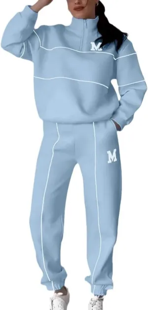 2024 women's hoodie letter hot stamping long sleeved pants zipper casual sports two-piece set (Light blue,X-Large)