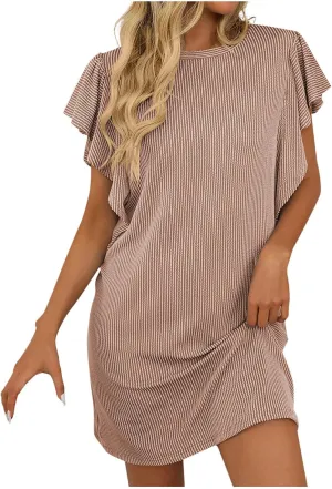 2025 Mini Dresses for Women Summer Casual Ruffle Short Sleeve Cute Crew Neck Flowy Dress Solid Color Loose Dress