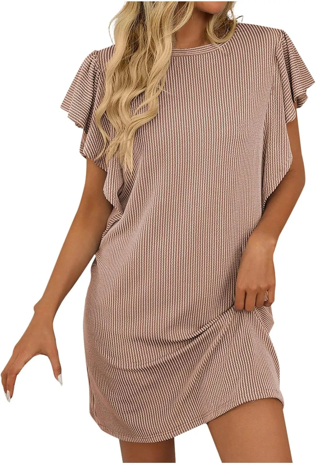 2025 Mini Dresses for Women Summer Casual Ruffle Short Sleeve Cute Crew Neck Flowy Dress Solid Color Loose Dress