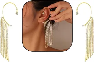 2Pcs Sparkly Rhinestone Long Tassel Ear Cuff Dangle Earring Crystal No Piercing Cartilage Climber Ear Clip Wrap Cubic Zirconia Jewelry for Women