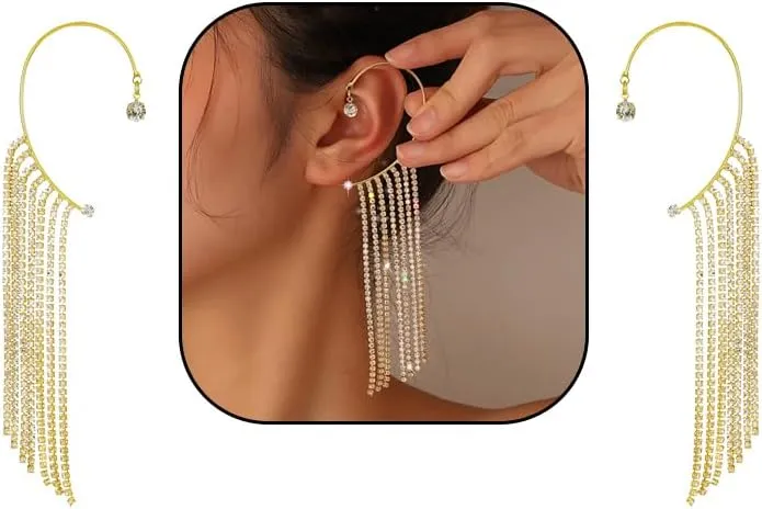 2Pcs Sparkly Rhinestone Long Tassel Ear Cuff Dangle Earring Crystal No Piercing Cartilage Climber Ear Clip Wrap Cubic Zirconia Jewelry for Women
