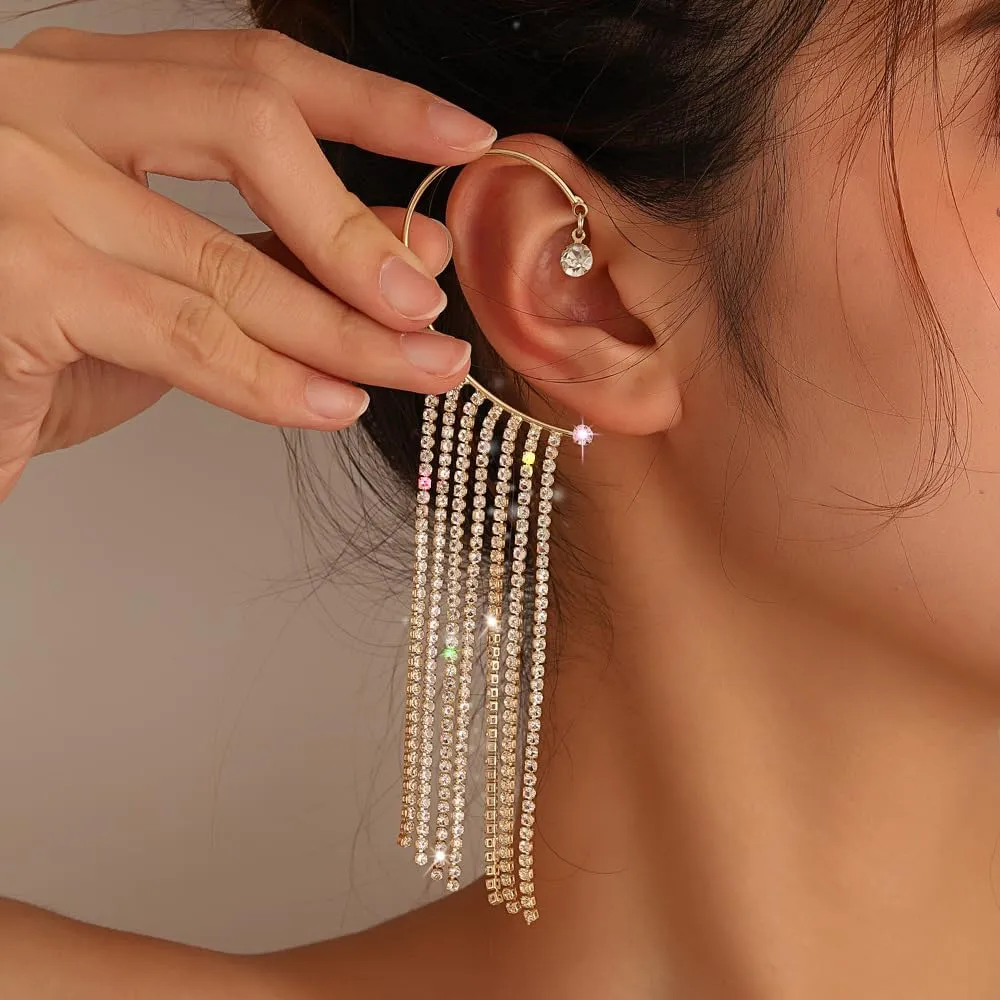 2Pcs Sparkly Rhinestone Long Tassel Ear Cuff Dangle Earring Crystal No Piercing Cartilage Climber Ear Clip Wrap Cubic Zirconia Jewelry for Women