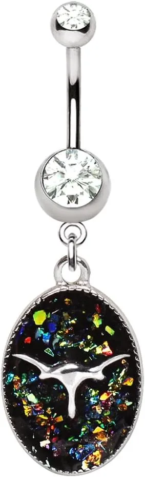 316L Stainless Steel Glitter Epoxy Longhorn Pendant Dangle Navel Ring