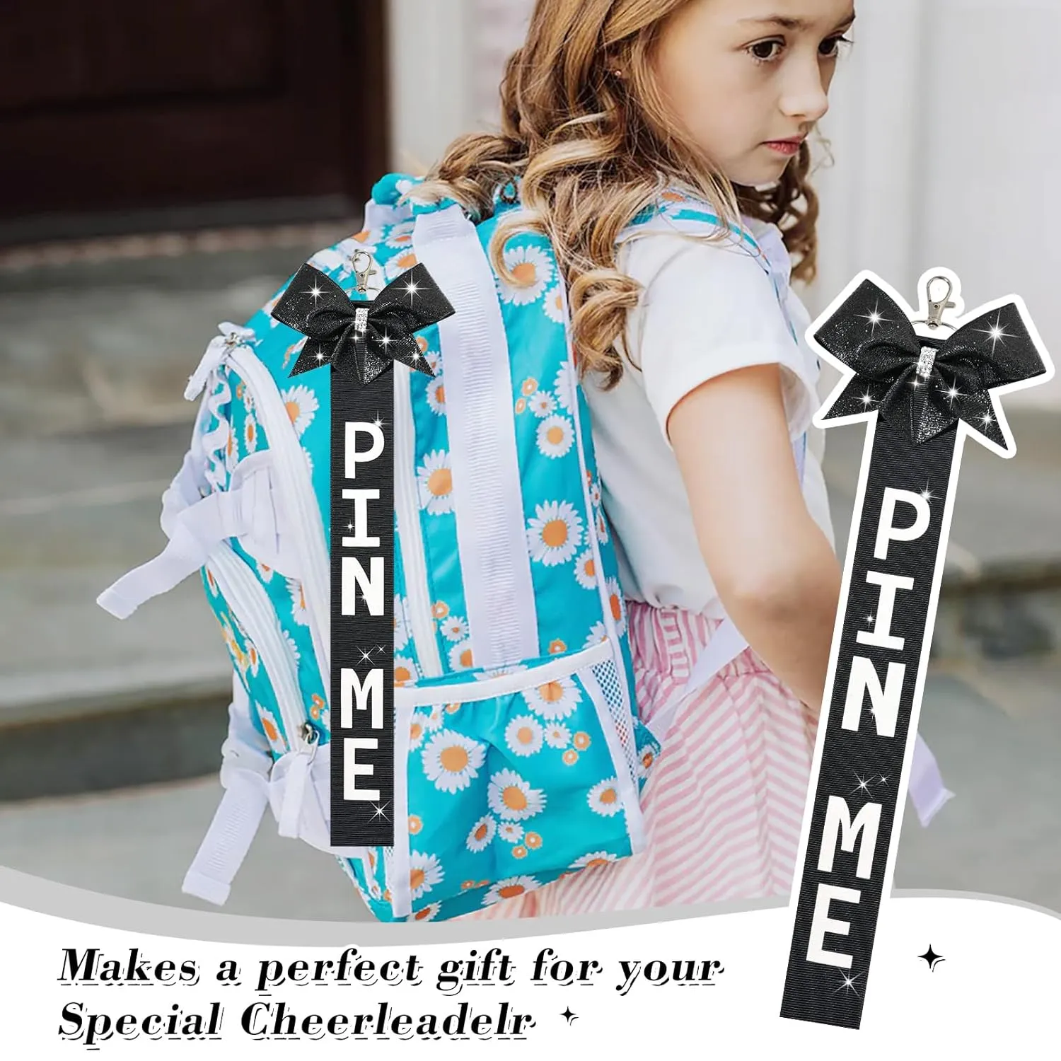 6 PCS Cheer Pin Me Ribbon Cheer Bag Bow Keychain with Rhinestones Bow Pin Me Cheer Competition for Teen Girls Cheerleading Sports Accessory(Black)