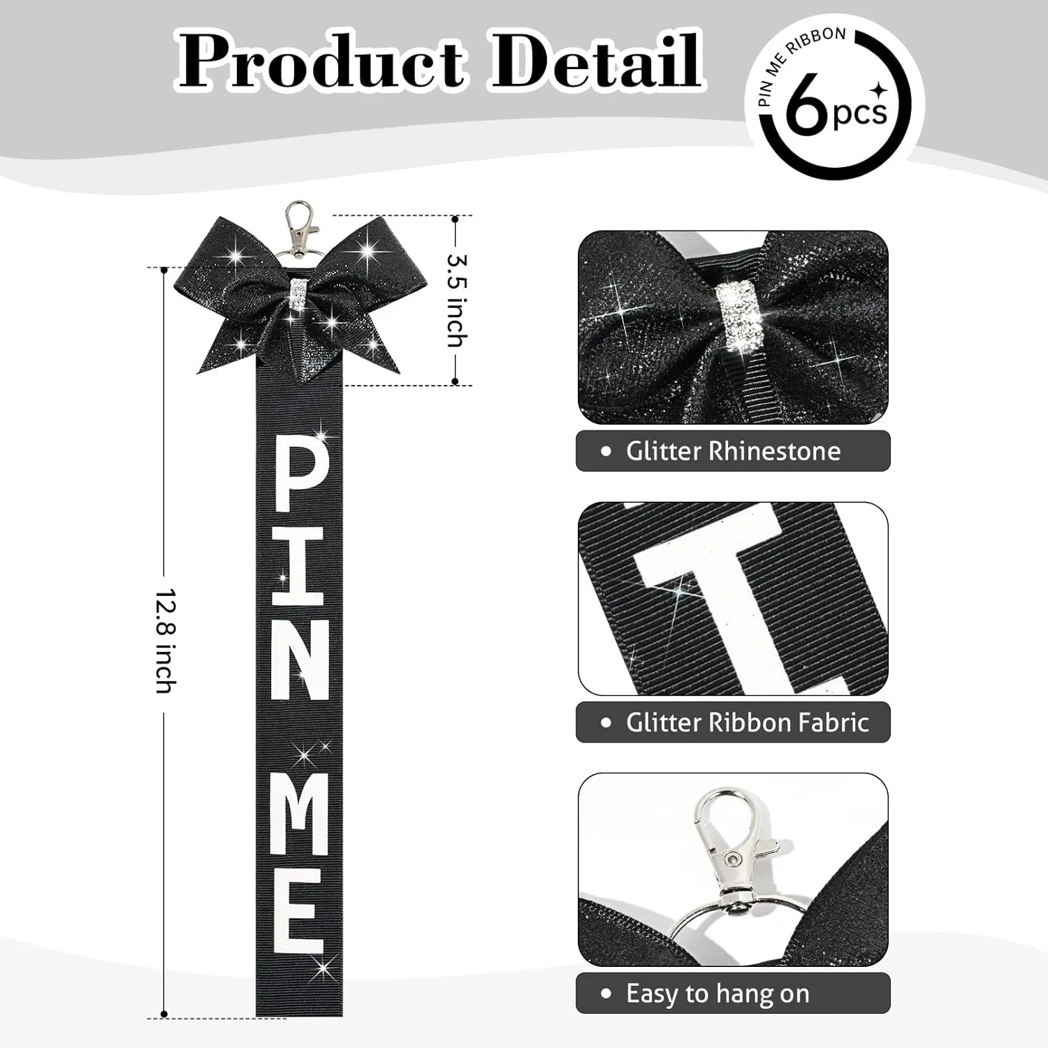 6 PCS Cheer Pin Me Ribbon Cheer Bag Bow Keychain with Rhinestones Bow Pin Me Cheer Competition for Teen Girls Cheerleading Sports Accessory(Black)
