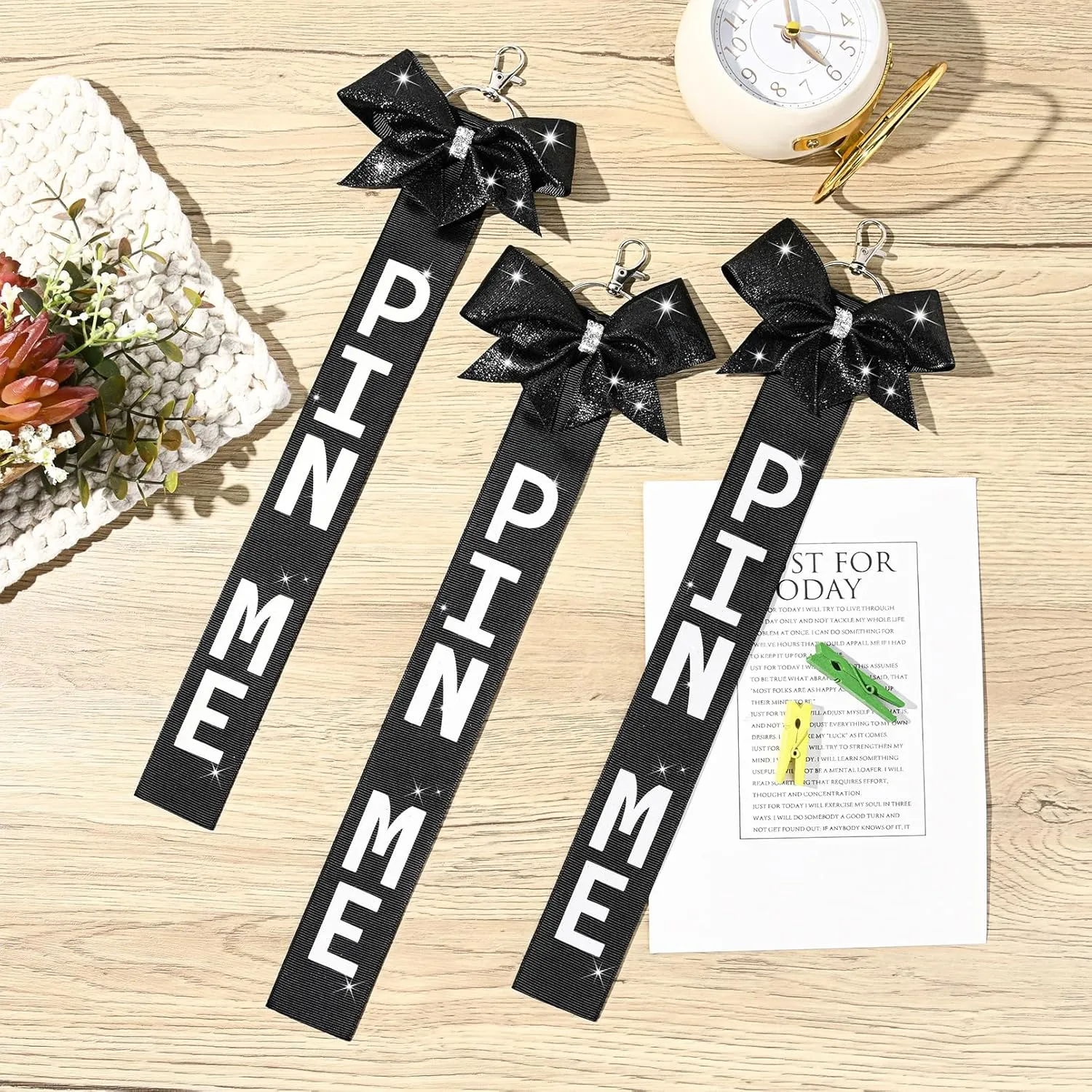 6 PCS Cheer Pin Me Ribbon Cheer Bag Bow Keychain with Rhinestones Bow Pin Me Cheer Competition for Teen Girls Cheerleading Sports Accessory(Black)