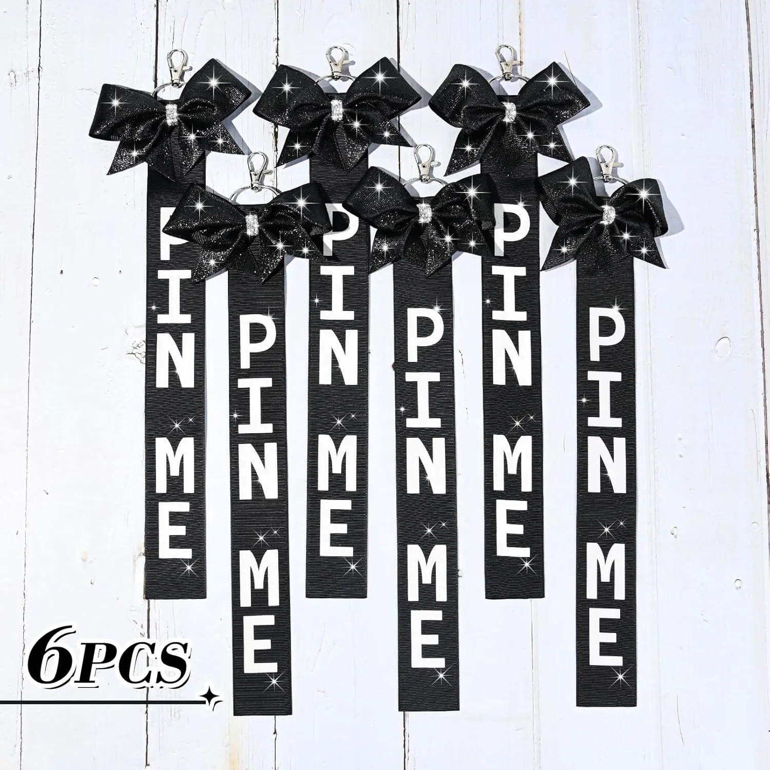 6 PCS Cheer Pin Me Ribbon Cheer Bag Bow Keychain with Rhinestones Bow Pin Me Cheer Competition for Teen Girls Cheerleading Sports Accessory(Black)