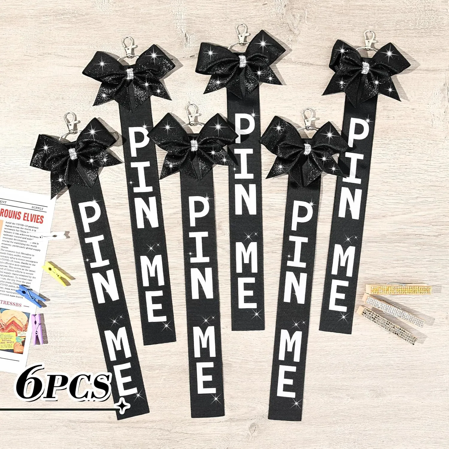 6 PCS Cheer Pin Me Ribbon Cheer Bag Bow Keychain with Rhinestones Bow Pin Me Cheer Competition for Teen Girls Cheerleading Sports Accessory(Black)
