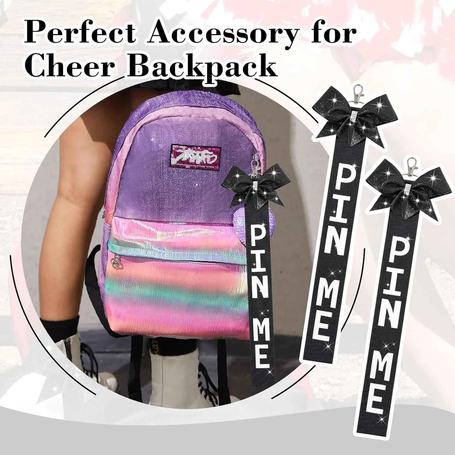 6 PCS Cheer Pin Me Ribbon Cheer Bag Bow Keychain with Rhinestones Bow Pin Me Cheer Competition for Teen Girls Cheerleading Sports Accessory(Black)