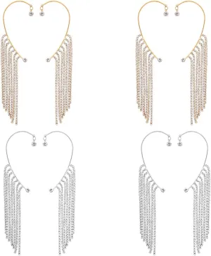 8Pcs 2 Colors Tassel Cuff Earrings Crystal Tassel Chain Earrings Long Tassel Earrings Ear Clip Jewelry Gift for Women Party Festival Prom Accessories