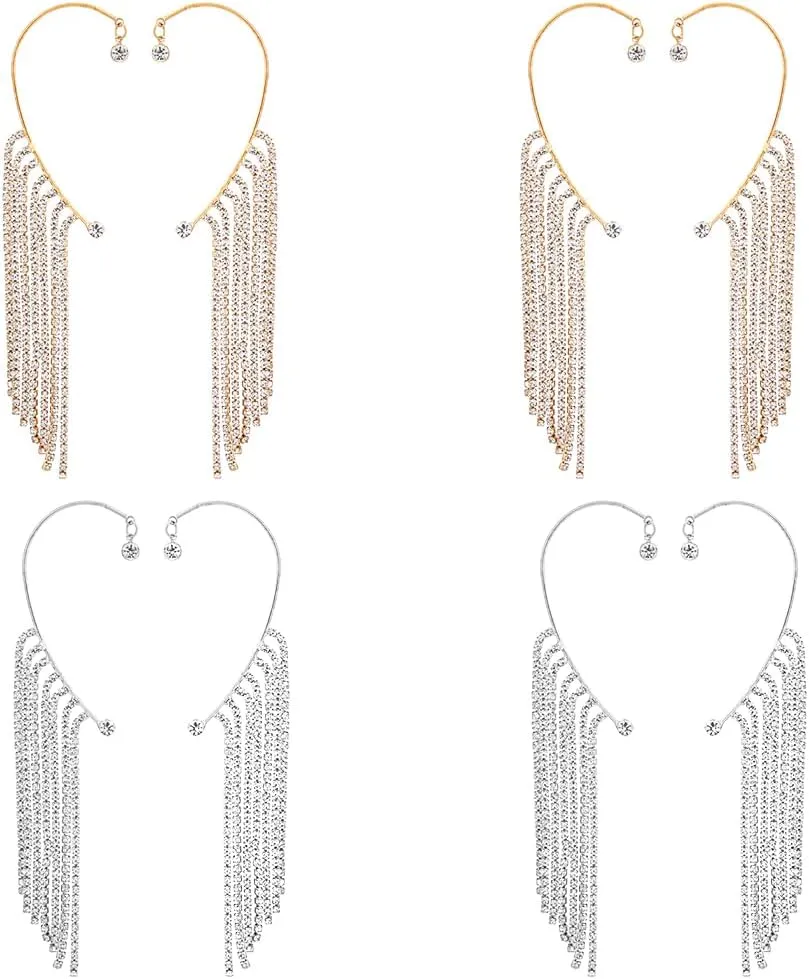 8Pcs 2 Colors Tassel Cuff Earrings Crystal Tassel Chain Earrings Long Tassel Earrings Ear Clip Jewelry Gift for Women Party Festival Prom Accessories