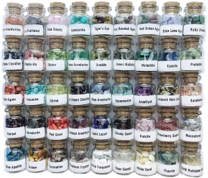 A Set of 45 Different Crystal Gemstones in Glass Bottles, Chakra Healing Crystals, Witchcraft Crystals, Metaphysic Tumbled Crystal Chip Chakra Stones Set