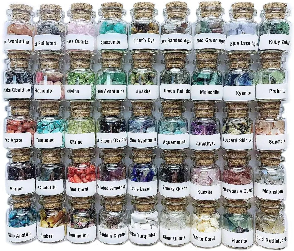 A Set of 45 Different Crystal Gemstones in Glass Bottles, Chakra Healing Crystals, Witchcraft Crystals, Metaphysic Tumbled Crystal Chip Chakra Stones Set