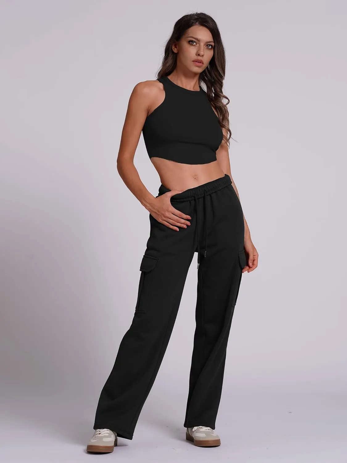 ABOCIW Womens Cargo Sweatpants Fleece Wide Leg Sweat Pants High Waisted Baggy Athletic Joggers Pants with Pockets