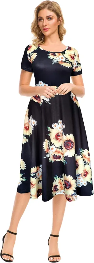 Afibi Floral Printed Petite Flared Midi Dresses for Women Short Sleeve
