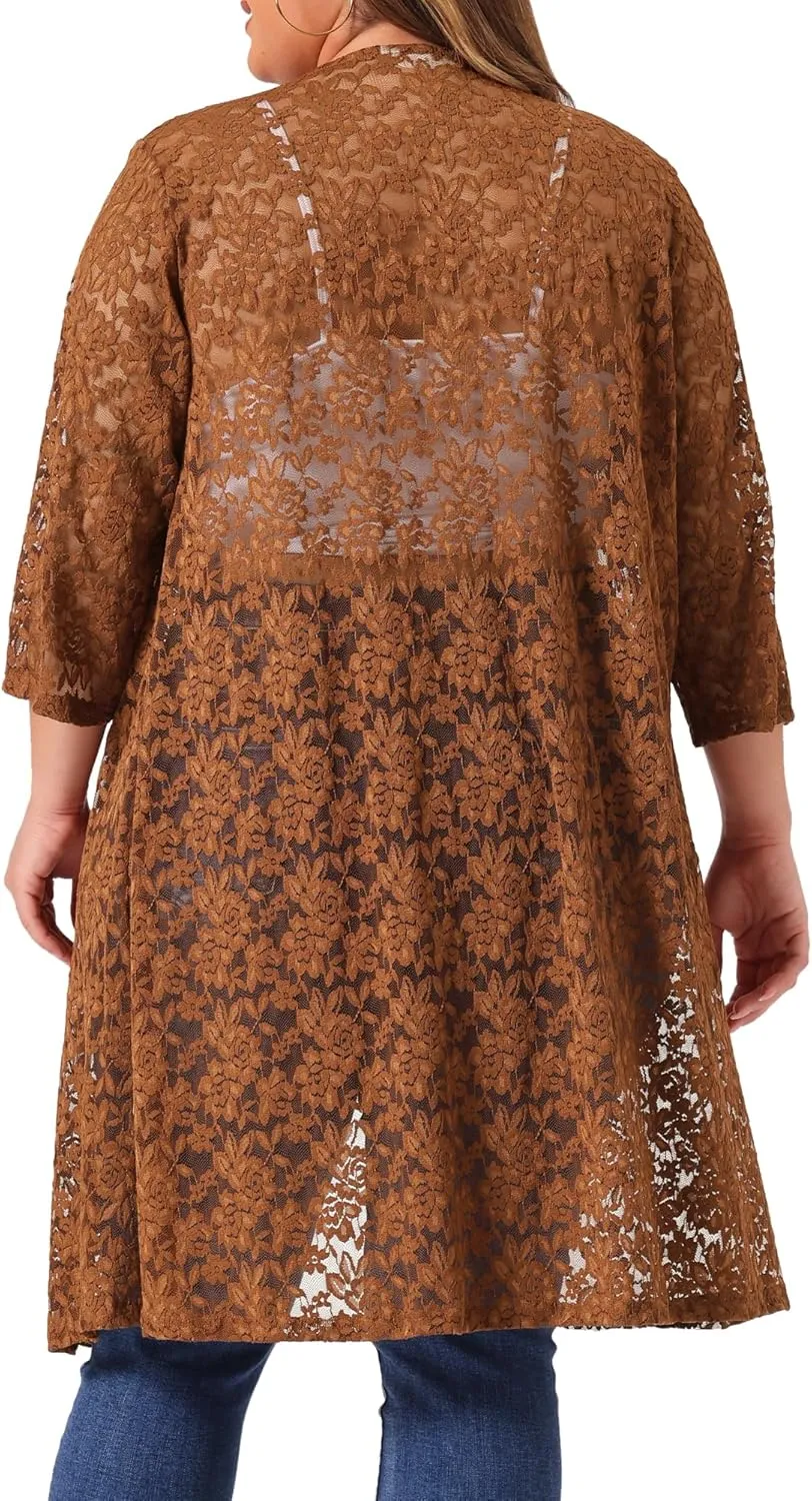 Agnes Orinda Plus Size Cardigans for Women Lace Cardigan Lightweight Crochet 3/4 Sleeve Cover Up Jacket