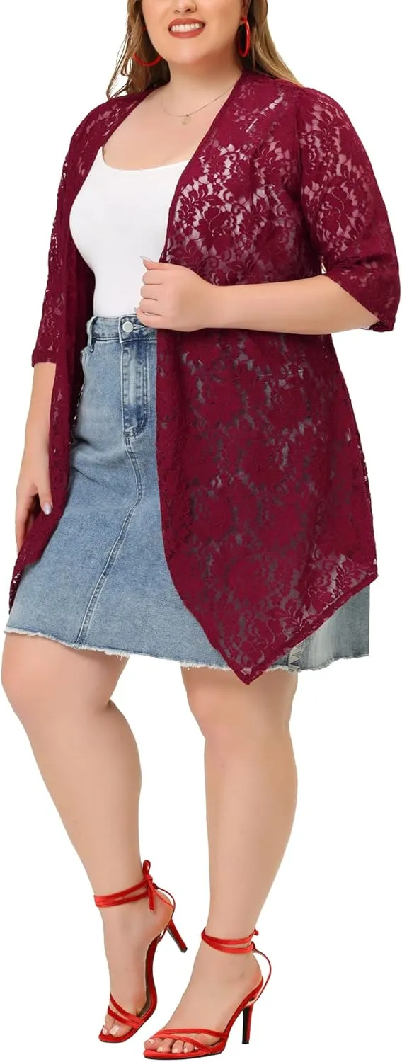 Agnes Orinda Plus Size Cardigans for Women Open Front 3/4 Sleeves Crochet Cover Ups Jackets 2024