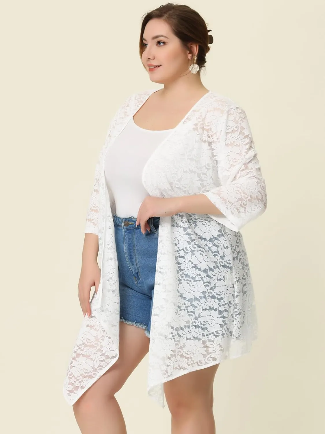 Agnes Orinda Plus Size Cardigans for Women Open Front 3/4 Sleeves Crochet Cover Ups Jackets 2024