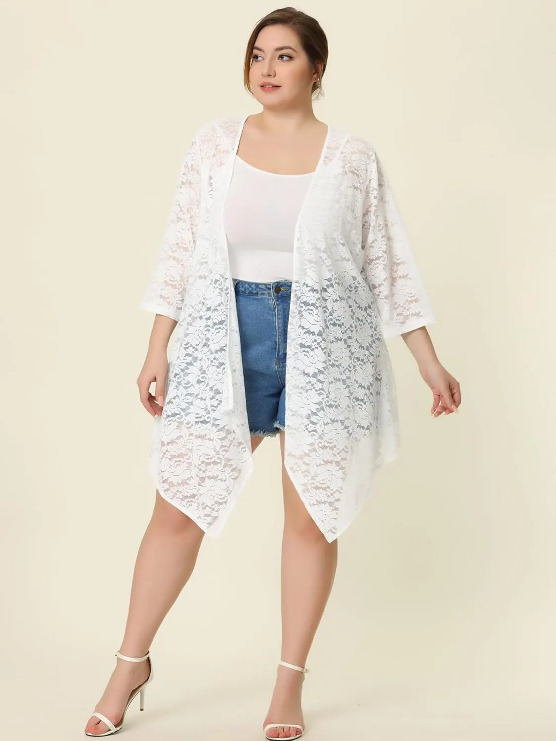 Agnes Orinda Plus Size Cardigans for Women Open Front 3/4 Sleeves Crochet Cover Ups Jackets 2024