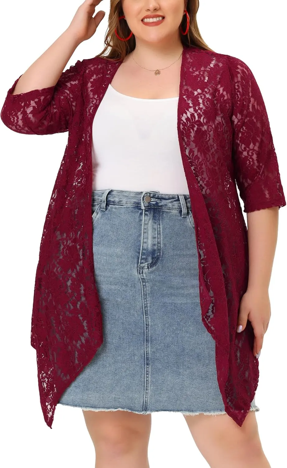 Agnes Orinda Plus Size Cardigans for Women Open Front 3/4 Sleeves Crochet Cover Ups Jackets 2024