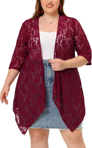 Agnes Orinda Plus Size Cardigans for Women Open Front 3/4 Sleeves Crochet Cover Ups Jackets 2024