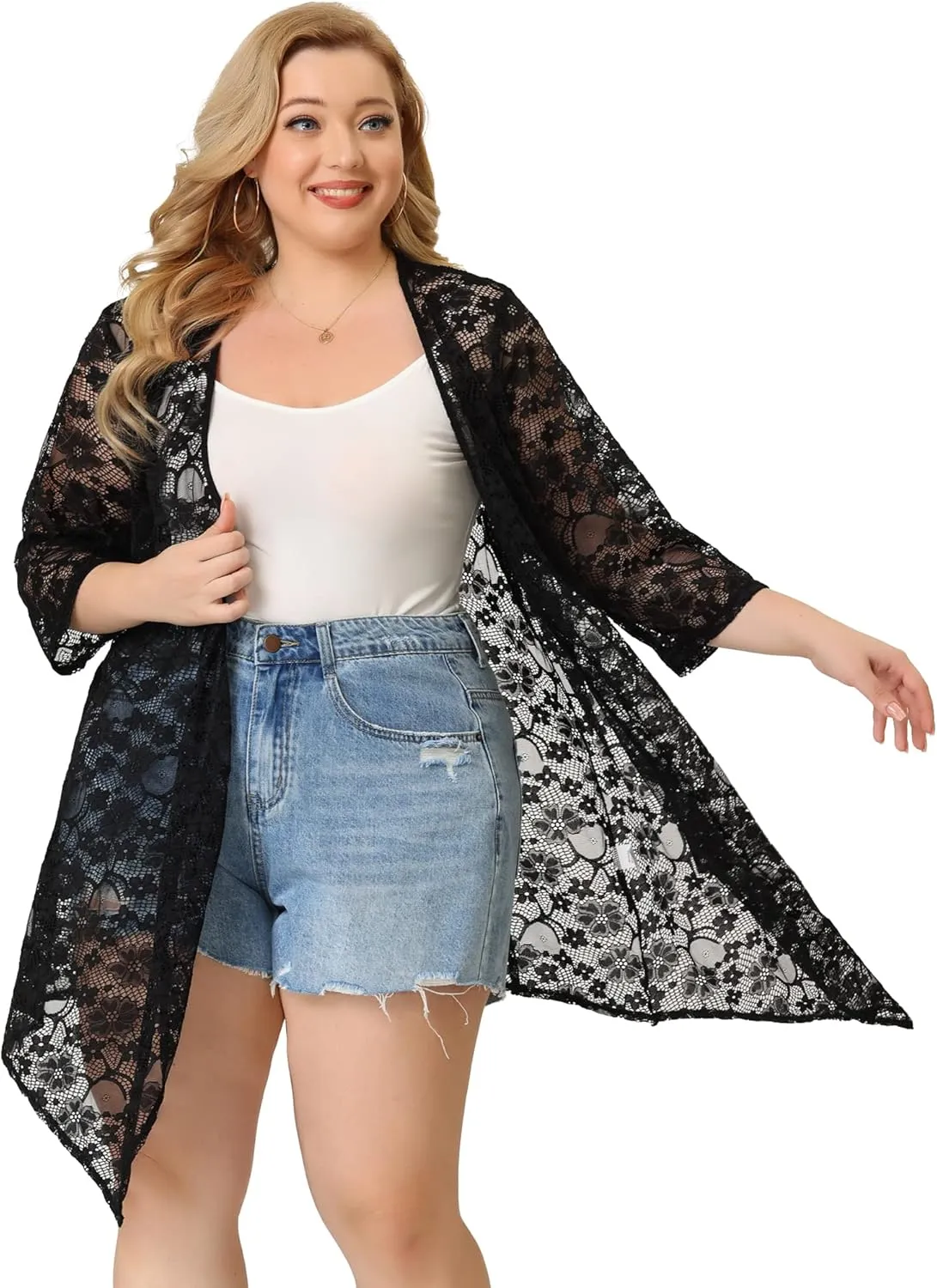 Agnes Orinda Plus Size Cardigans for Women Open Front 3/4 Sleeves Crochet Cover Ups Jackets 2024
