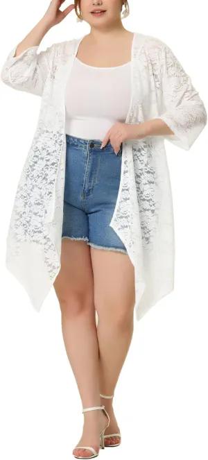 Agnes Orinda Plus Size Cardigans for Women Open Front 3/4 Sleeves Crochet Cover Ups Jackets 2024