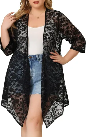 Agnes Orinda Plus Size Cardigans for Women Open Front 3/4 Sleeves Crochet Cover Ups Jackets 2024