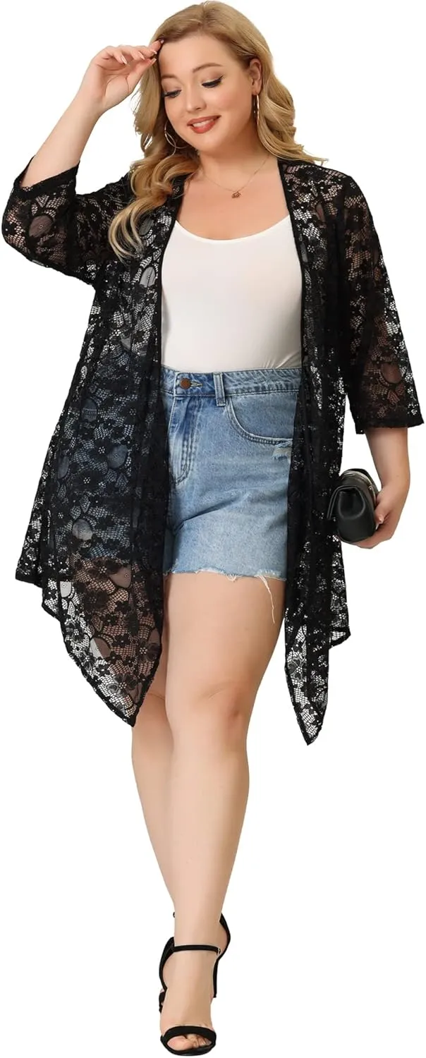 Agnes Orinda Plus Size Cardigans for Women Open Front 3/4 Sleeves Crochet Cover Ups Jackets 2024