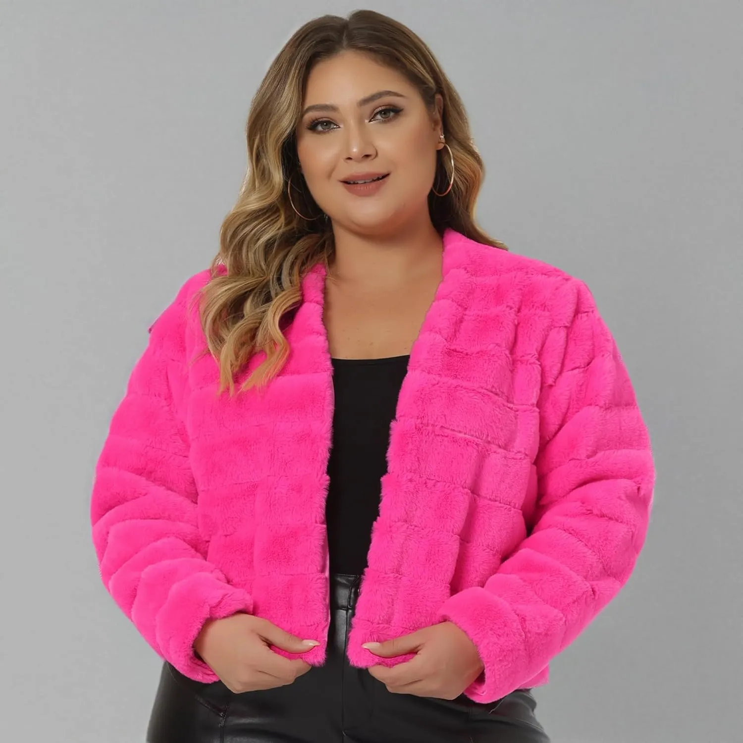 Agnes Orinda Plus Size Faux Fur Jacket for Women Open Front Collarless Wedding Formal Cropped Faux Fur Winter Jackets