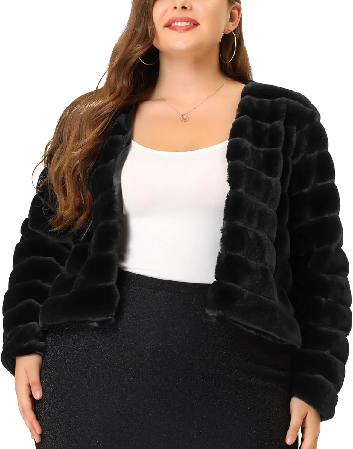 Agnes Orinda Plus Size Faux Fur Jacket for Women Open Front Collarless Wedding Formal Cropped Faux Fur Winter Jackets