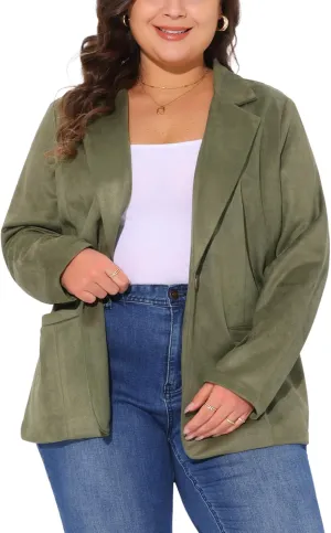 Agnes Orinda Plus Size Faux Suede Jacket for Women Lapel Collar Button Front Long Sleeve Work Casual Blazer Jackets