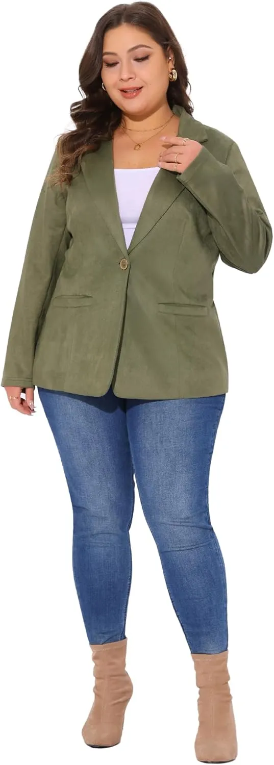 Agnes Orinda Plus Size Faux Suede Jacket for Women Lapel Collar Button Front Long Sleeve Work Casual Blazer Jackets