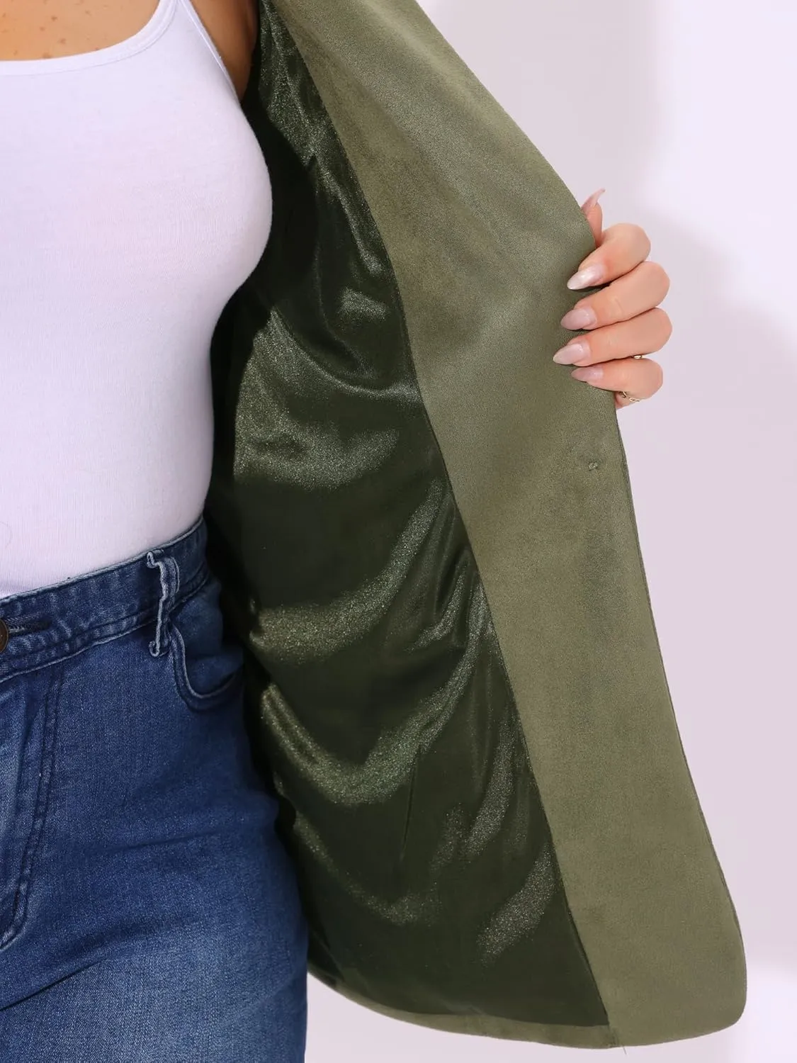 Agnes Orinda Plus Size Faux Suede Jacket for Women Lapel Collar Button Front Long Sleeve Work Casual Blazer Jackets