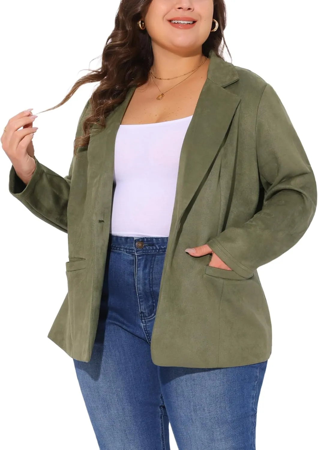 Agnes Orinda Plus Size Faux Suede Jacket for Women Lapel Collar Button Front Long Sleeve Work Casual Blazer Jackets