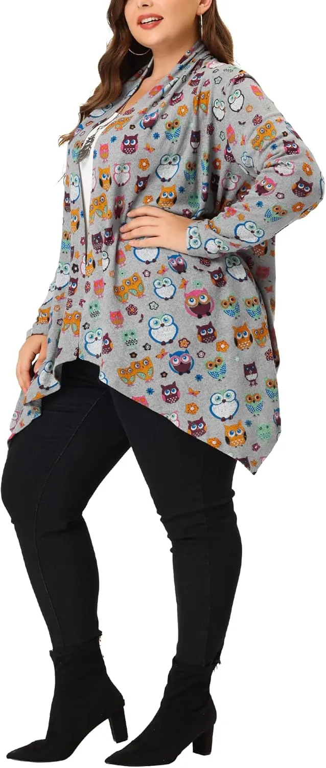 Agnes Orinda Plus Size Halloween Owl Cardigan for Women Flowy Print Loose Open Front Knitting Sweater Cardigans