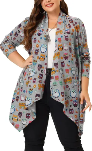 Agnes Orinda Plus Size Halloween Owl Cardigan for Women Flowy Print Loose Open Front Knitting Sweater Cardigans