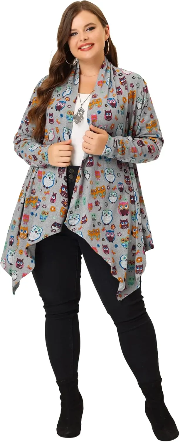 Agnes Orinda Plus Size Halloween Owl Cardigan for Women Flowy Print Loose Open Front Knitting Sweater Cardigans