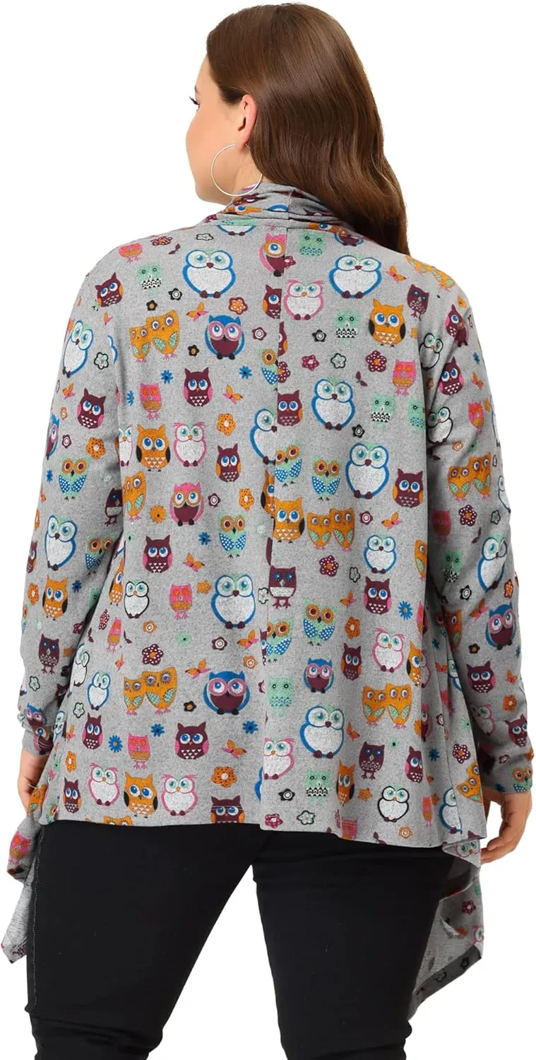 Agnes Orinda Plus Size Halloween Owl Cardigan for Women Flowy Print Loose Open Front Knitting Sweater Cardigans