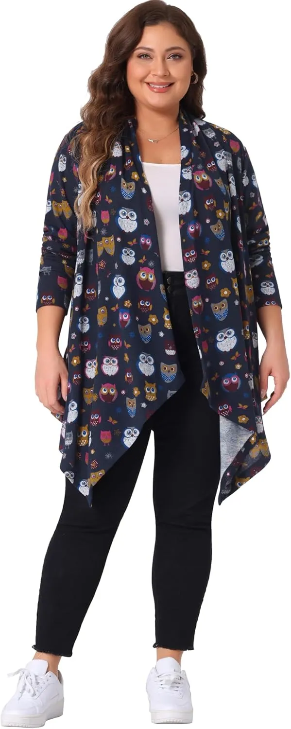 Agnes Orinda Plus Size Halloween Owl Cardigan for Women Flowy Print Loose Open Front Knitting Sweater Cardigans