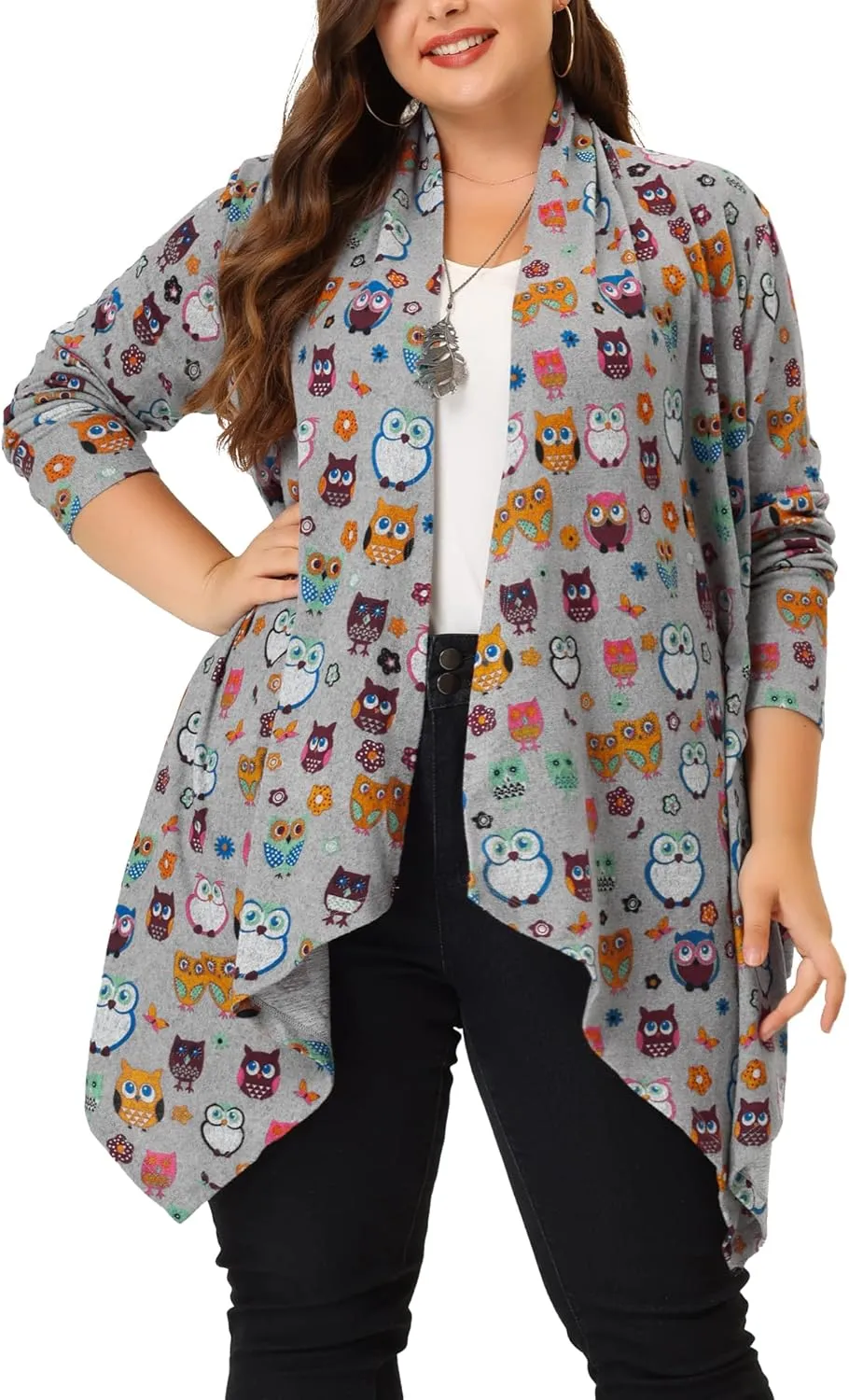 Agnes Orinda Plus Size Halloween Owl Cardigan for Women Flowy Print Loose Open Front Knitting Sweater Cardigans